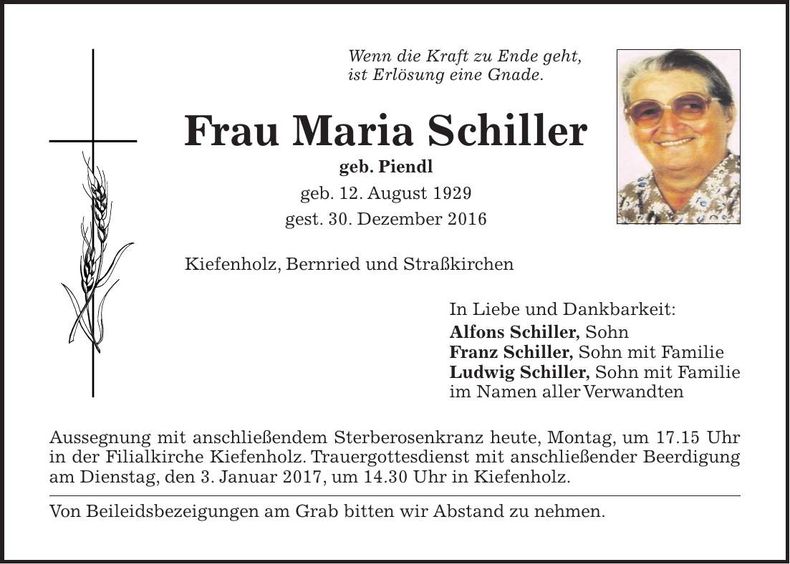 Traueranzeige Maria Schiller