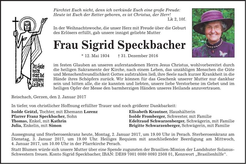 Traueranzeige Sigrid Speckbacher