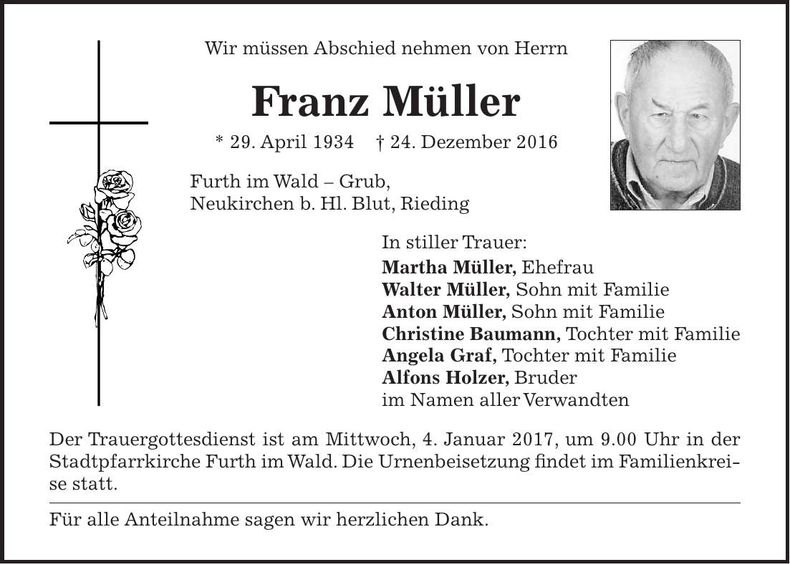 Traueranzeige Franz Müller