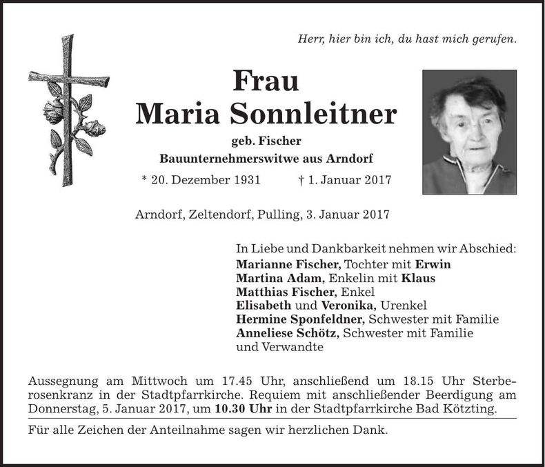Traueranzeige Maria Sonnleitner