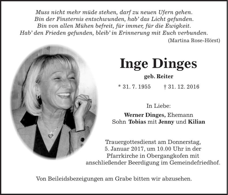 Traueranzeige Inge Dinges