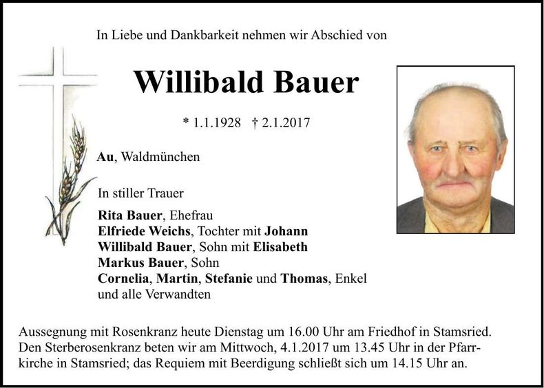 Traueranzeige Willibald Bauer