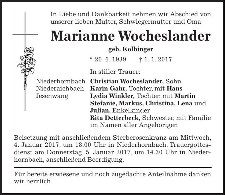 Traueranzeige Marianne Wocheslander