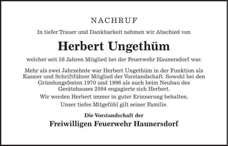 Traueranzeige Herbert Ungethüm