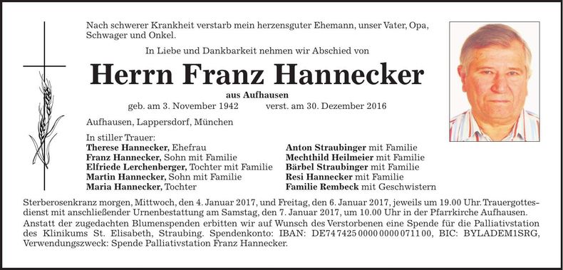 Traueranzeige Franz Hannecker