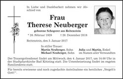 Traueranzeige Therese Neuberger