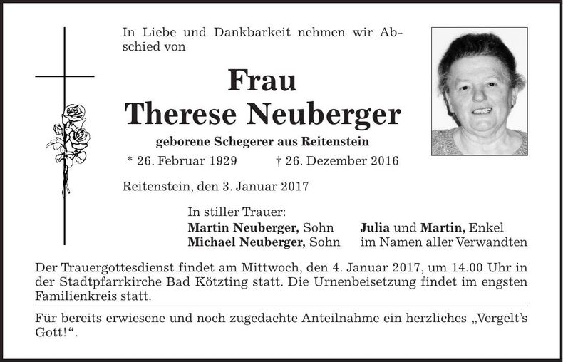 Traueranzeige Therese Neuberger