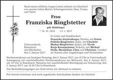 Traueranzeige Franziska Ringlstetter