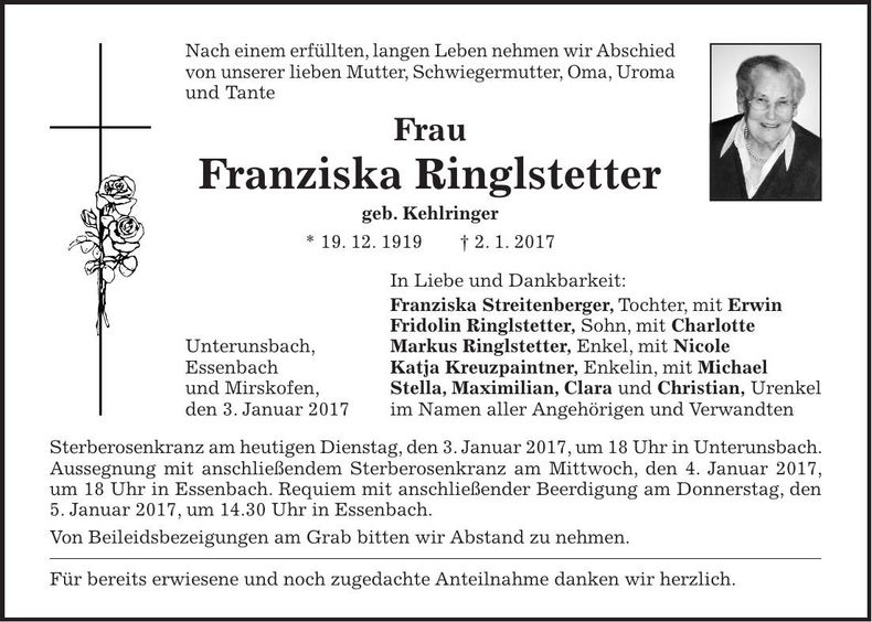 Traueranzeige Franziska Ringlstetter