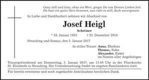 Traueranzeige Josef Heigl