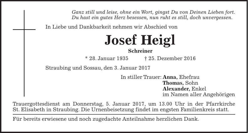 Traueranzeige Josef Heigl