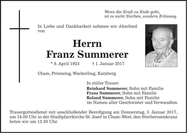 Traueranzeige Franz Summerer