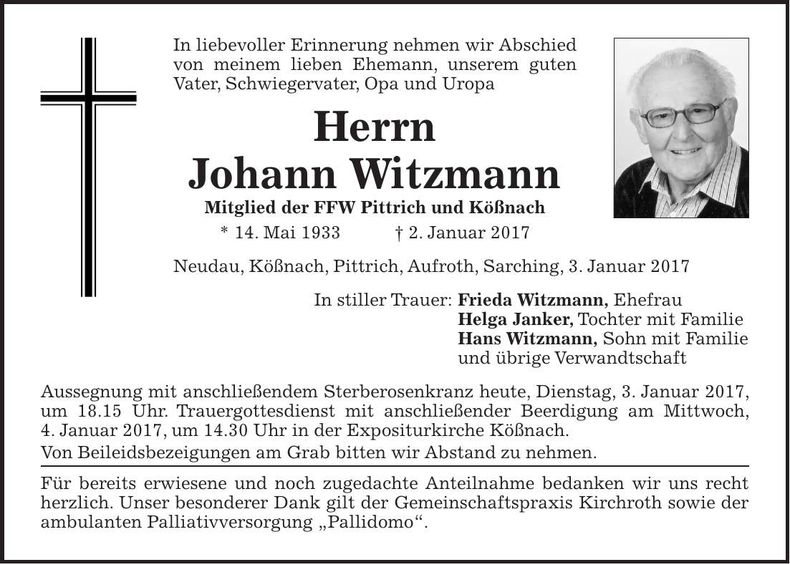 Traueranzeige Johann Witzmann