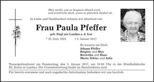 Traueranzeige Paula Pfeffer