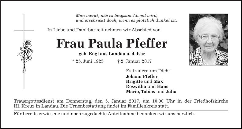 Traueranzeige Paula Pfeffer