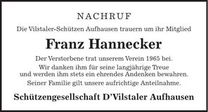 Traueranzeige Franz Hannecker