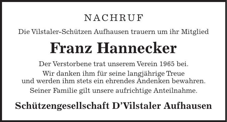 Traueranzeige Franz Hannecker