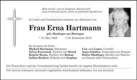 Traueranzeige Erna Hartmann