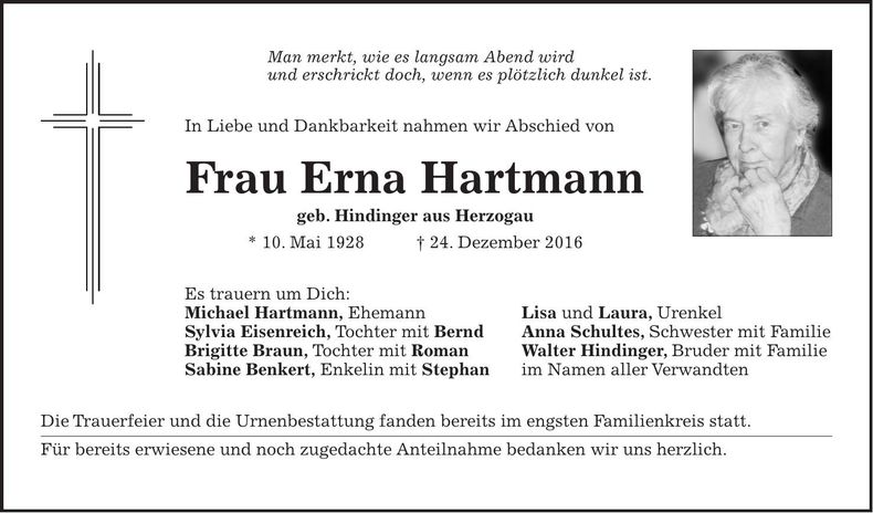 Traueranzeige Erna Hartmann