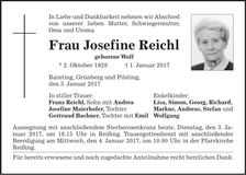 Traueranzeige Josefine Reichl