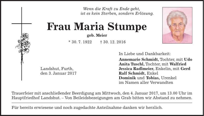 Traueranzeige Maria Stumpe