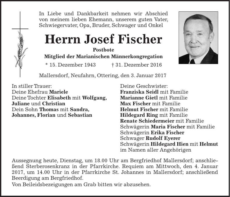 Traueranzeige Josef Fischer