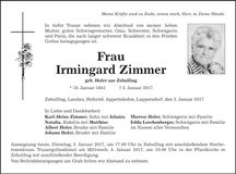 Traueranzeige Irmingard Zimmer