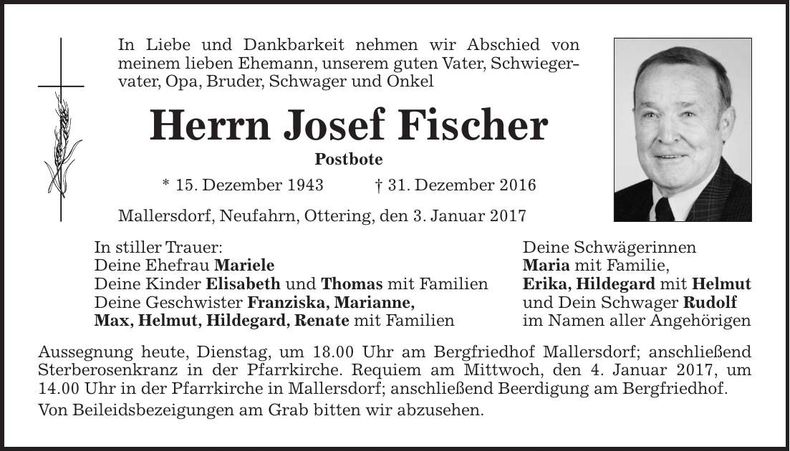 Traueranzeige Josef Fischer