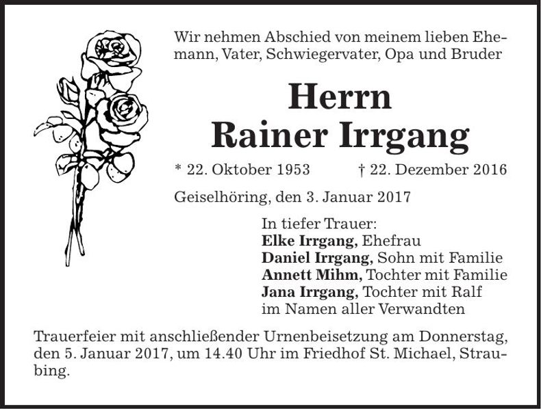 Traueranzeige Rainer Irrgang