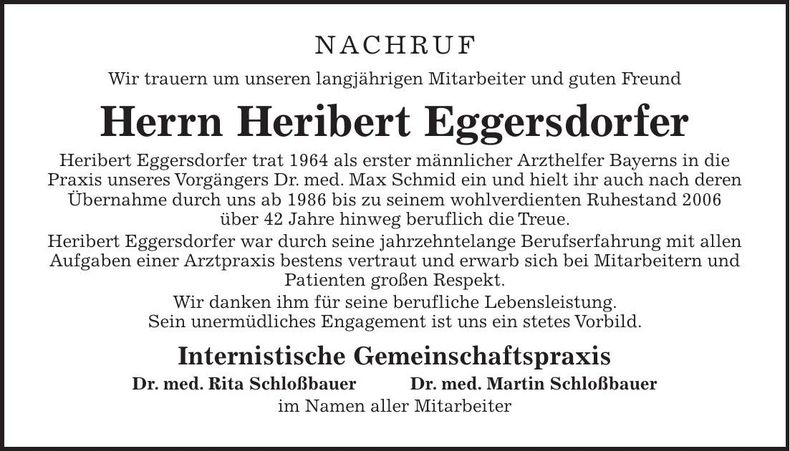 Traueranzeige Heribert Eggersdorfer