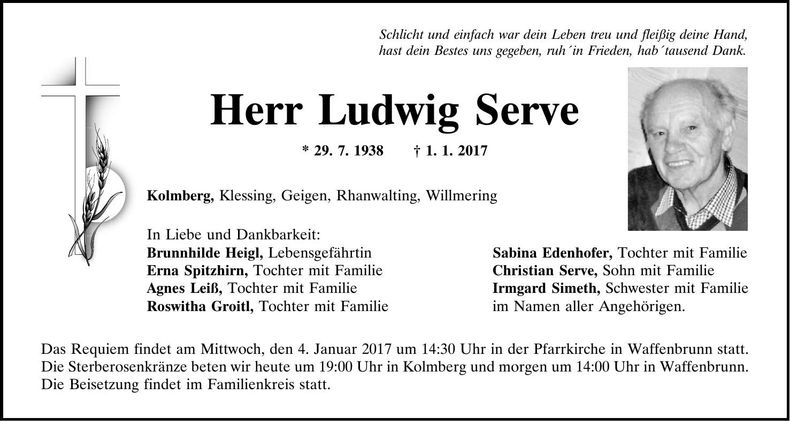 Traueranzeige Ludwig Serve