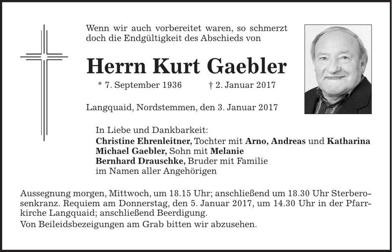 Traueranzeige Kurt Gaebler