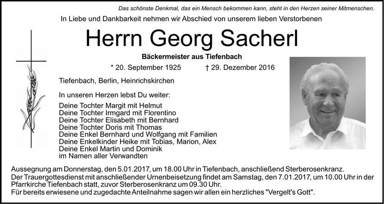 Traueranzeige Georg Sacherl