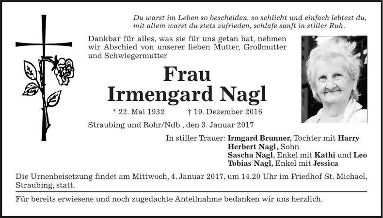 Traueranzeige Irmengard Nagl