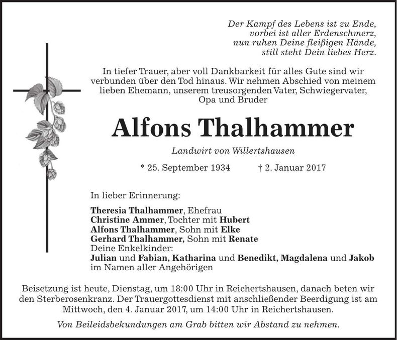 Traueranzeige Alfons Thalhammer