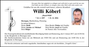 Traueranzeige Willi Köberl