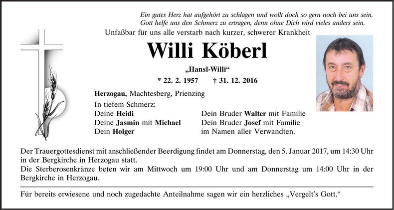 Traueranzeige Willi Köberl
