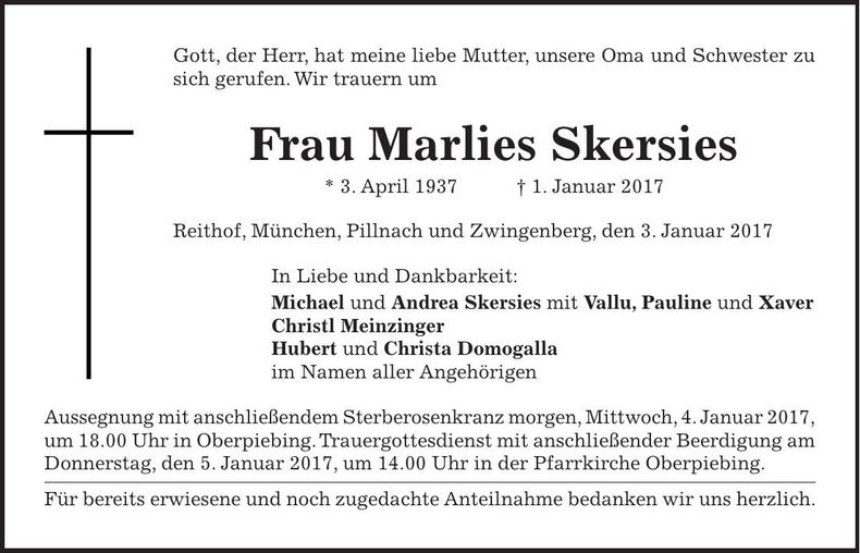 Traueranzeige Marlies Skersies