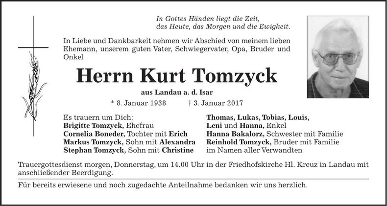 Traueranzeige Kurt Tomzyck