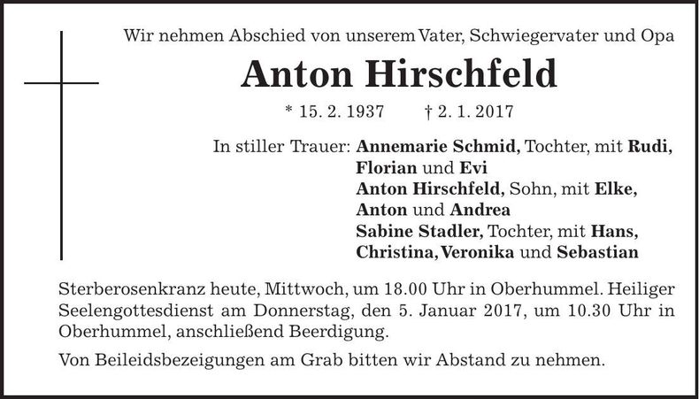 Traueranzeige Anton Hirschfeld