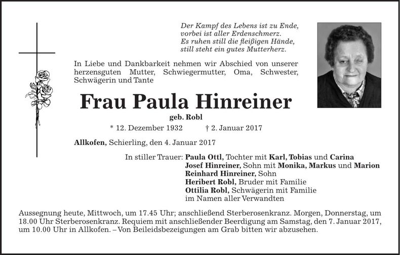 Traueranzeige Paula Hinreiner