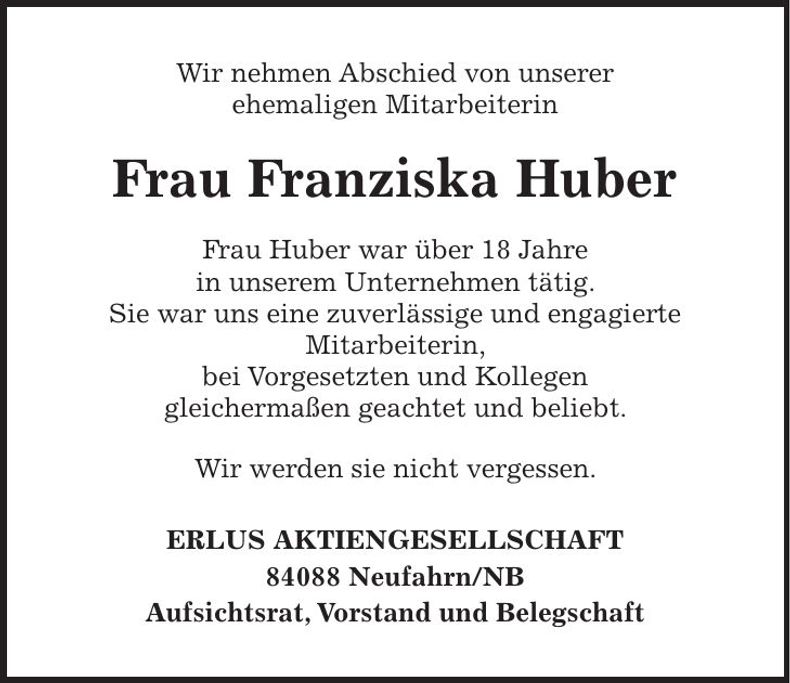 Traueranzeige Franziska Huber