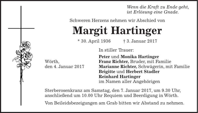 Traueranzeige Margit Hartinger