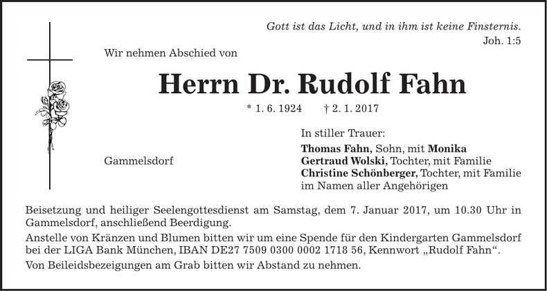 Traueranzeige Rudolf Fahn