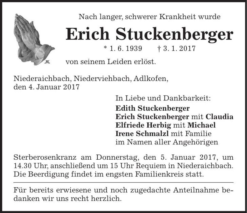 Traueranzeige Erich Stuckenberger