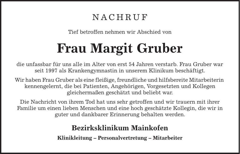 Traueranzeige Margit Gruber