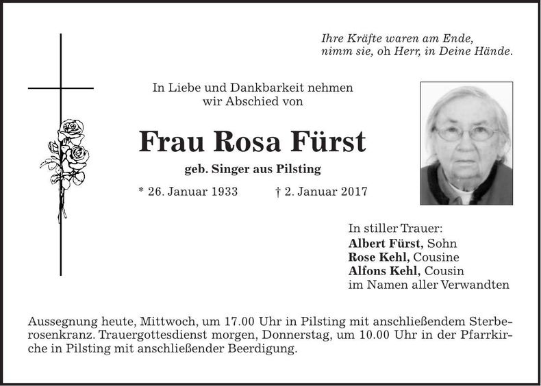 Traueranzeige Rosa Fürst