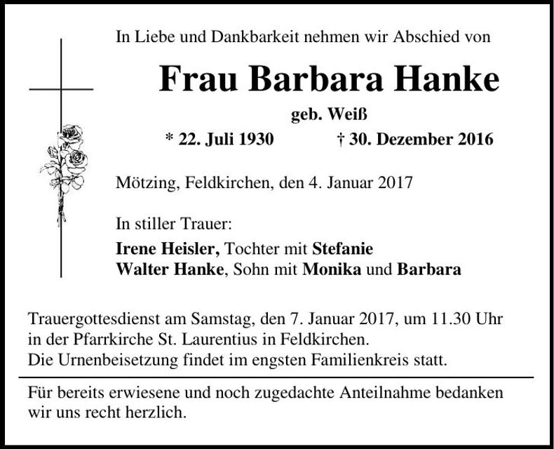 Traueranzeige Barbara Hanke