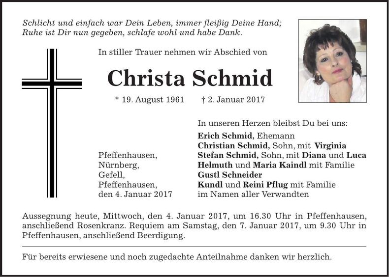 Traueranzeige Christa Schmid
