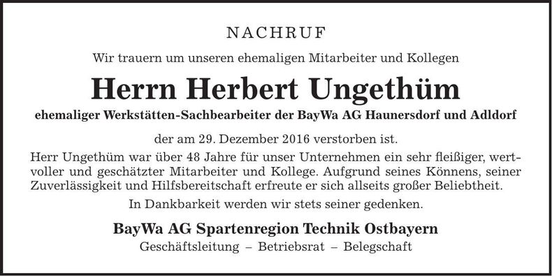 Traueranzeige Herbert Ungethüm